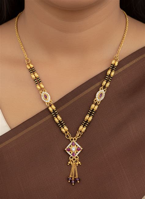 Micro Gold Plated AD Diamond Square Pendant Mangalsutra with Ruby Acce ...