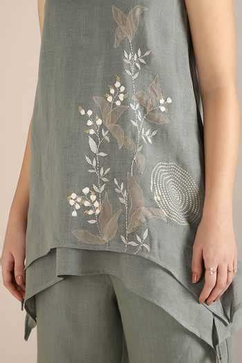 Buy Green Linen Embroidery V-neck Honey Suckle Sunset Asymmetric Top ...