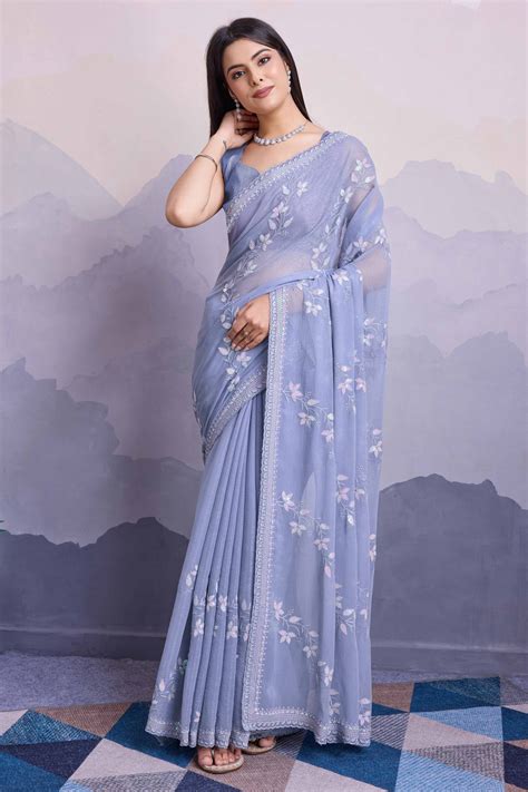 Lavender Floral Sequins Embroidered Chiffon Saree