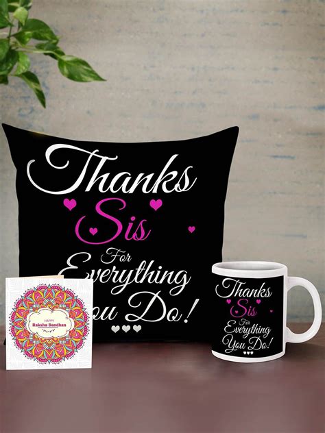 Buy | Black Cushion with Mug & Card Rakhi Return Gift Set for Sister ...