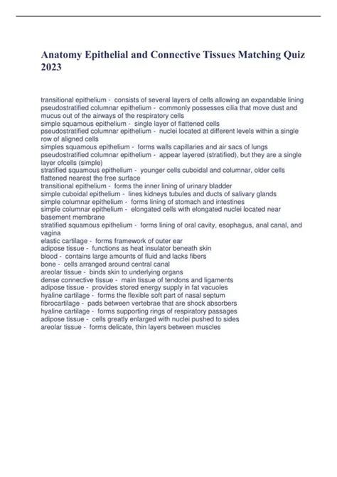 Anatomy Epithelial and Connective Tissues Matching Quiz 2023 - Anatomy ...