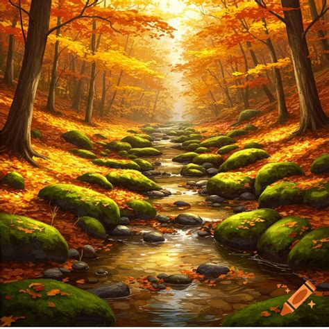 An autumn forest scene with a stream, mossy rocks, and yellow and ...