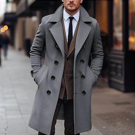 QingYiHua Men's Winter Notched Collar Trench Coat Double Breasted Long ...