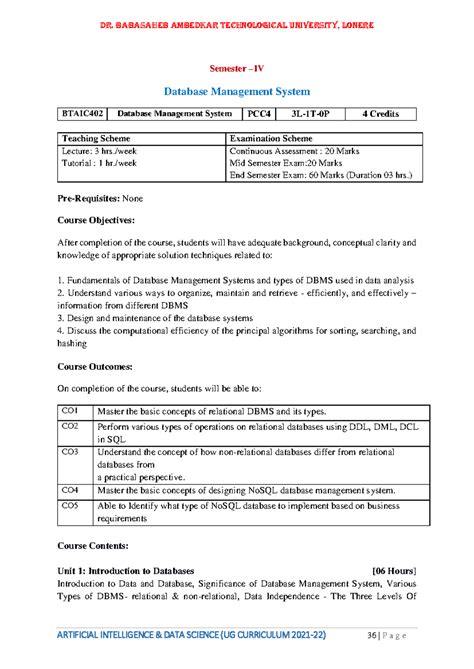DBMS Syllabus for BTAIC402 - Dr. Babasaheb Ambedkar Technological ...