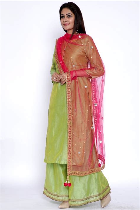 Lime Green Chanderi Kurti with Flared Palazzo and Pink Net Dupatta wit ...