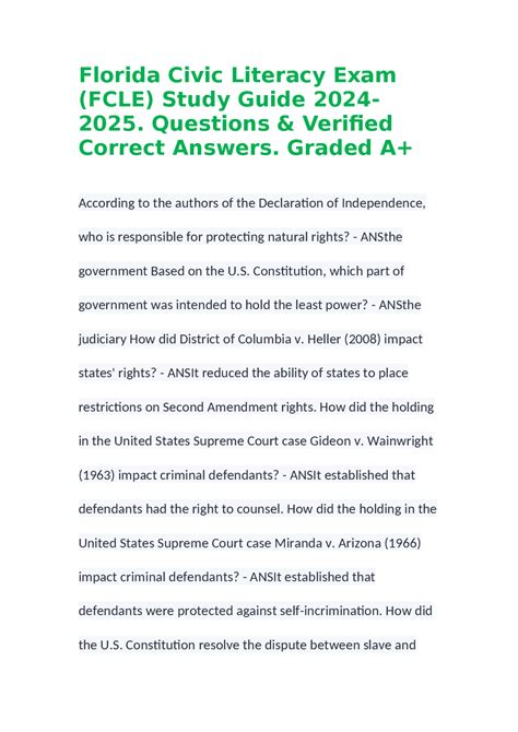 Florida Civic Literacy Exam (FCLE) Study Guide 2024-2025. Questions ...