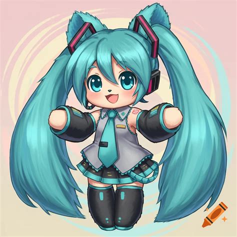 Chibi anime girl like Hatsune Miku with furry ears, in signature outfit ...
