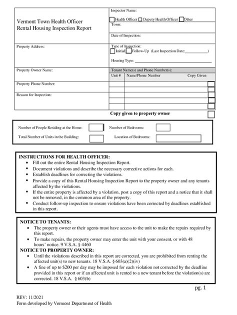 2021-2025 Form VT DOH Rental Housing Inspection Checklist Fill Online ...