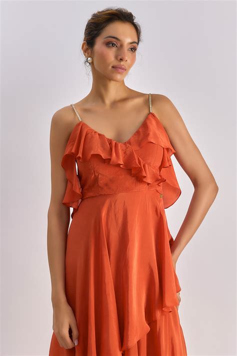 Buy Rust Embellished Ruffle Gown online available at scrollnshops