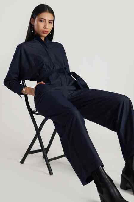 Buy PERONA Navy Blue Designer Jumpsuit With Belt Online | Aza Fashion.