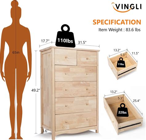 Buy VINGLI Upgraged Unfinished 6 Drawer Dresser for Bedroom Natural ...