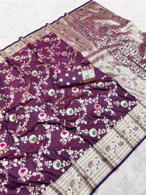 Prettiest Wine Soft Banarasi Silk Saree With Rhapsody Blouse Piece ...
