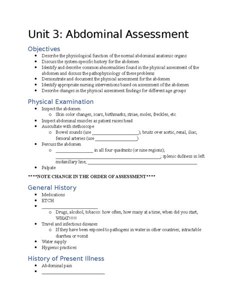 Unit 3 Notes - Abdominal Assessment - Unit 3: Abdominal Assessment ...