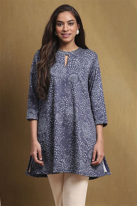 Buy Ink Blue Knitted Block-Print Winter wear Short Kurta Online at Biba ...