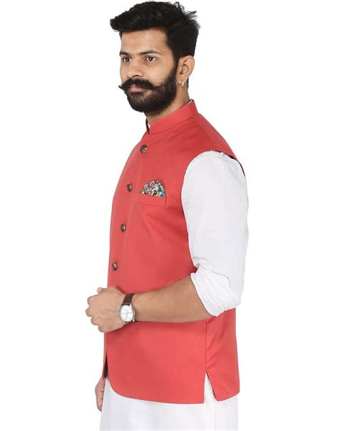 Solid Coral Nehru Jacket For Men | Amogue