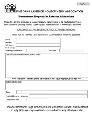 Fillable Online Five Oaks Lakeside Exterior Alteration Approval Request ...