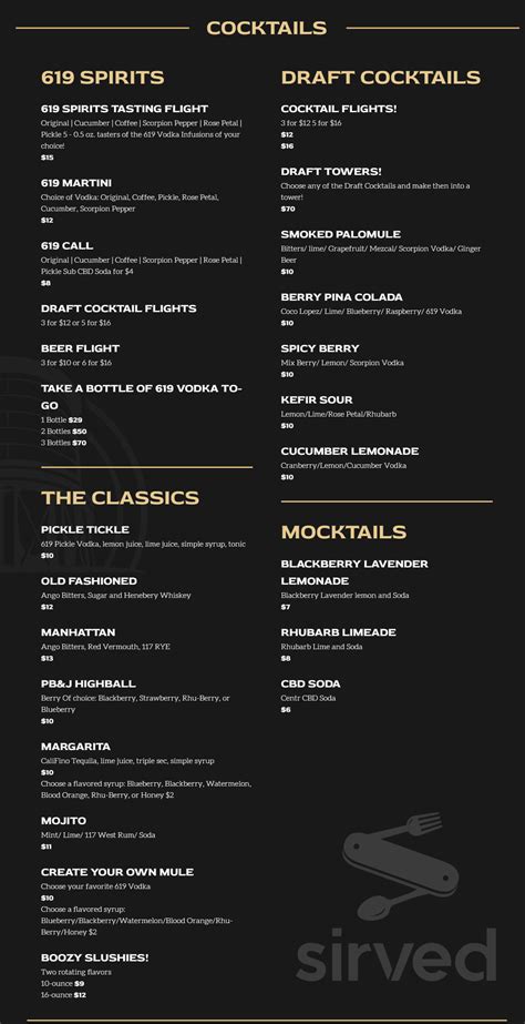 619 Spirits North Park menu in San Diego, California, USA