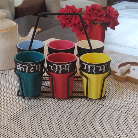 Unbreakable Cutting Chai Cups with Stand - Set of 6 - Chalkboard Multi ...