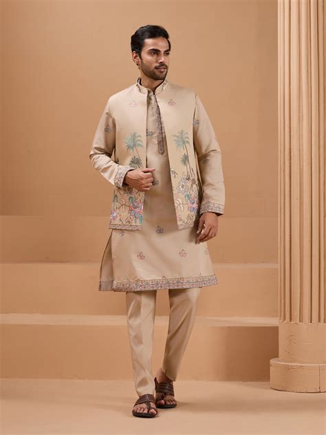 Beige Color Embroidered and Sequence Mens Kurta Jacket and Pant Set ...