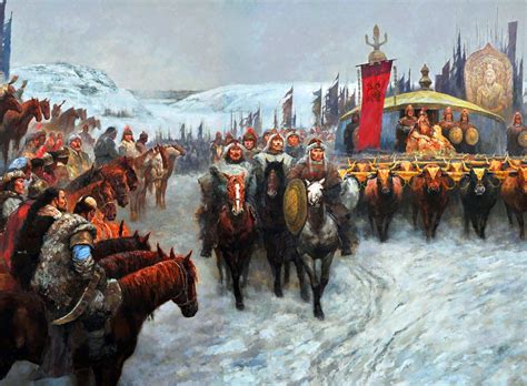 Nomadic tribesmen of the 'Five Barbarians' of Xiongnu, Jie, Xianbei, Di, and Qiang tribesmen on ...