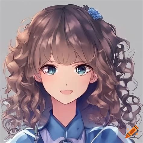 Cute anime girl with blue themed clothing and curly hair on Craiyon