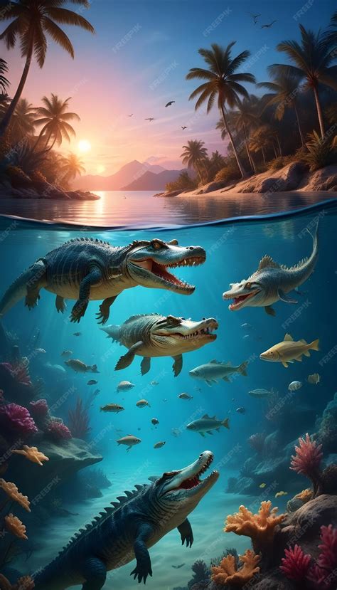 Photo a Realistic scene of a tropical sea with a Crocodiles and fish ...