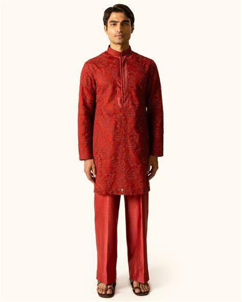Red Embroidered Kurta Set in Silk Organza – mrfox.in