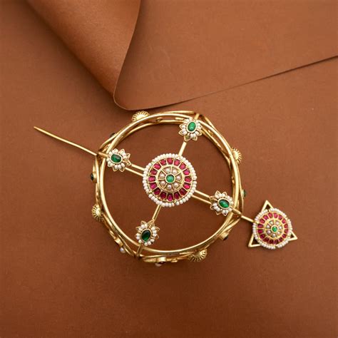 Jadau Kundan Hair Bun Holder With Juda Stick (Multi) - Hair Bun Access