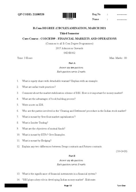 Bcom 3 sem financial markets and operations 21100520 mar 2021 - QP CODE ...