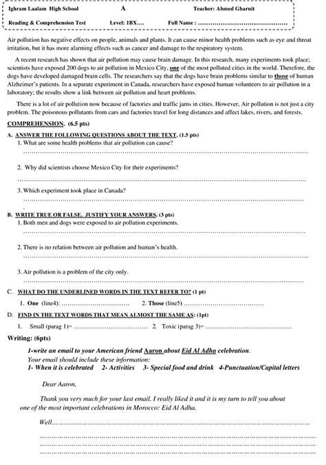 Image result for Reading Test Examples