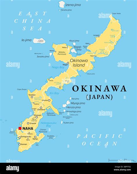 Okinawa Island, Japan, political map. One of the five main islands of ...