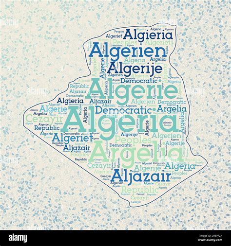 Algeria shape with country names word cloud in multiple languages. Algeria border map on vibrant ...