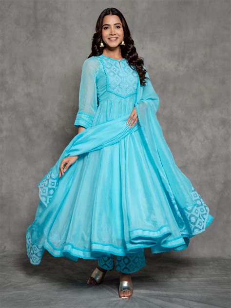 Solid Sky Blue Organza Anarkali Suit Set – Suti Rang