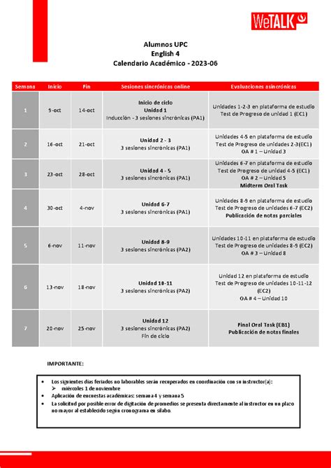 I4 Calendario Alumnos UPC 2023-06 - Alumnos UPC English 4 Calendario ...