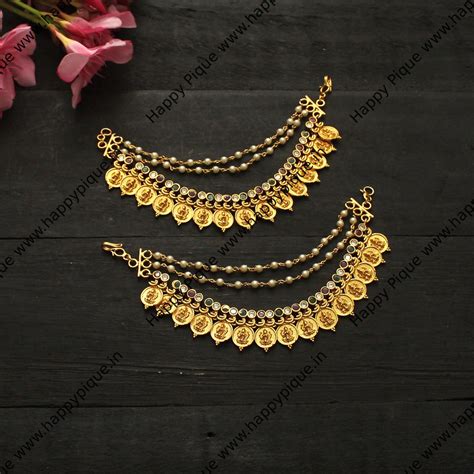 Micro Gold Plated Mahalakshmi Coin 3 Layer AD Ear Chain/Maatal/Kaan Ch