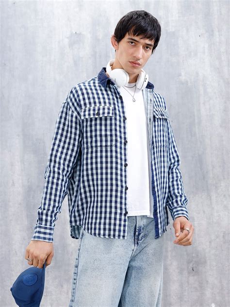 Men's Causal Oversized Fit Checkered Pattern Shirt | Blue – Wrogn