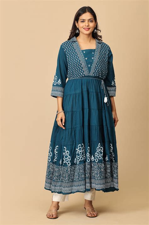 Teal Rayon Printed A-Line with Gathers Anarkali – Makeover Fashions