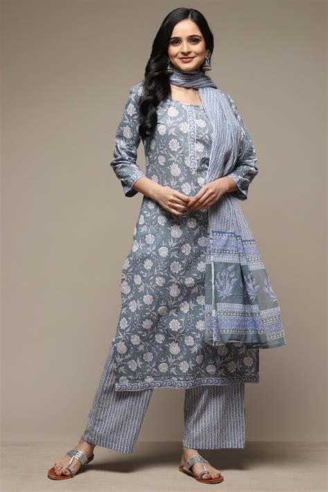 Indigo Cotton Hand Block Print Unstitched Suit Set