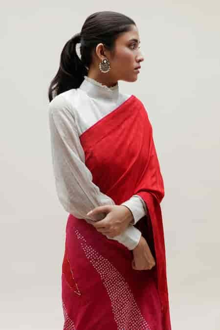 Buy Red Silk, Cotton Mirrors Bandhani Saree With Striped Unstitched ...
