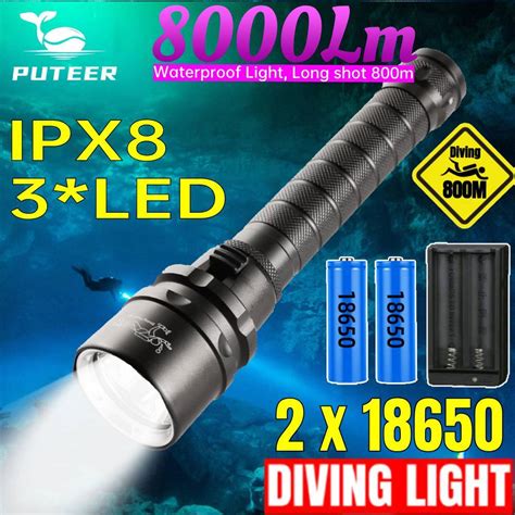 8000 Lumens Professional Scuba Diving Flashlight for Diving Underwater 100M Scuba Diving ...