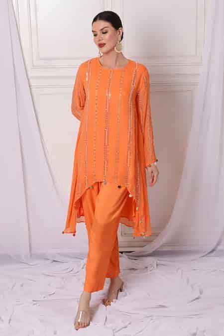 Buy Orange Tunic Georgette Embroidered Cutbead Round Metallic Thread ...