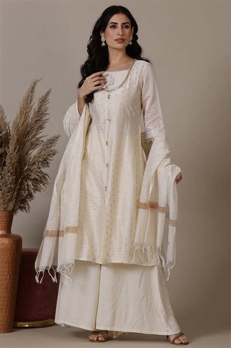 Buy Beige A-line Jacquard Kurta, Palazzos and Dupatta Set Online for ...
