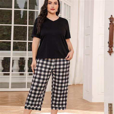 Women's Plus Size Pajama Set 2 Piece Summer V Neck Short Sleeve Top and ...