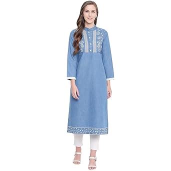 Buy LIVZA Banded Collar Blue Denim Straight FIT Embroidered Kurta ...