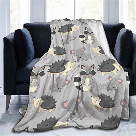 Buy Grey Background Hedgehogs Mice Raccoon Throw Blanket Lightweight ...
