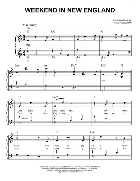 Barry Manilow "Weekend In New England" Sheet Music for Easy Piano ...