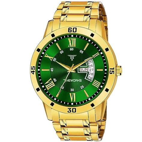TIMEWORKS Stainless Steel Designer Golden Round Shape Day & Date Dial ...