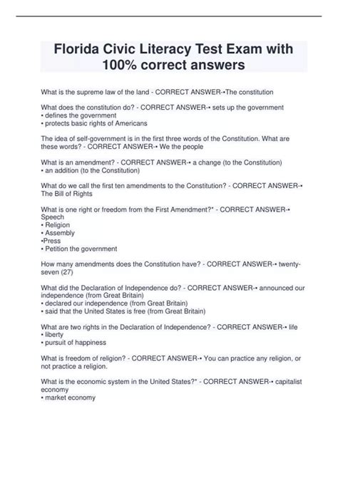 Florida Civic Literacy Test Exam with 100% correct answers - Florida ...