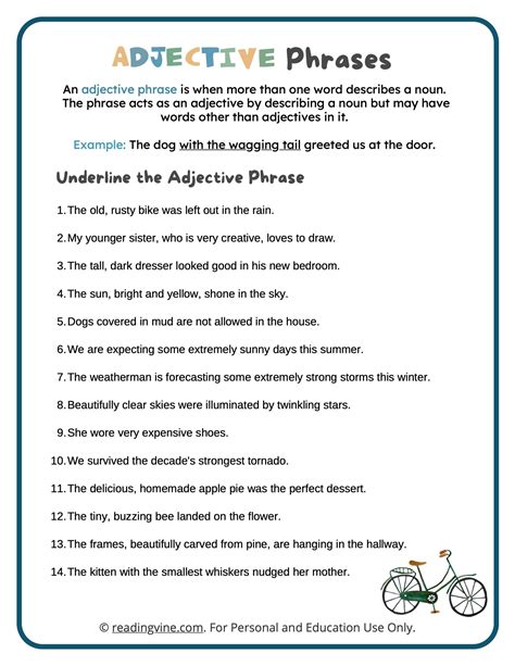 Adjective Phrases Worksheets - ReadingVine