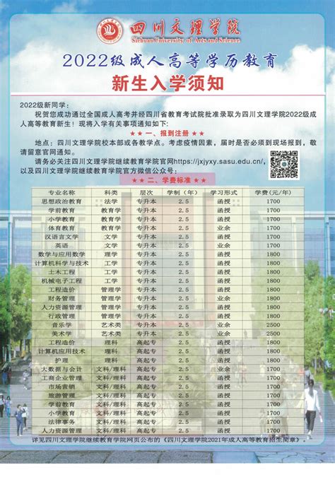 四川文理学院2022级成人高等学历教育新生入学须知-四川文理学院继续教育学院